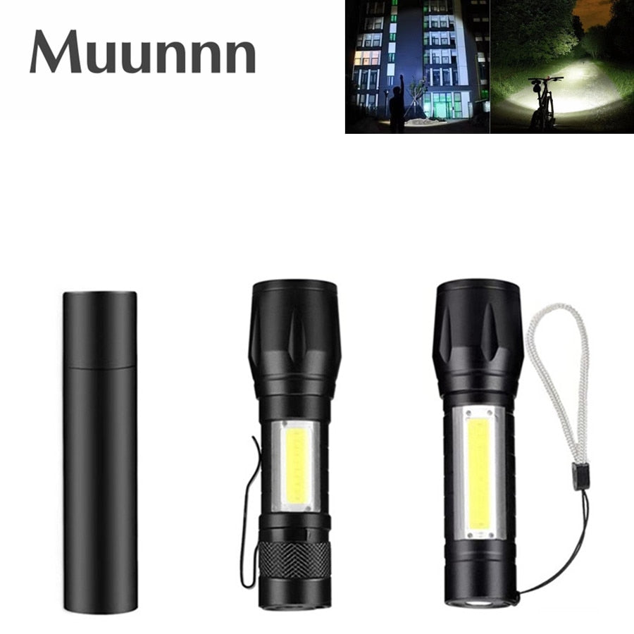 Muunnn Portable LED 3 Modes Rechargeable Zoom Flashlight Light LED Flashlight XPE COB Flashlight with Waterproof Camping Light